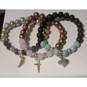 New~Set of (3) Gemstone~Charm & Essential Oil Diffuser Bead Bracelet Set